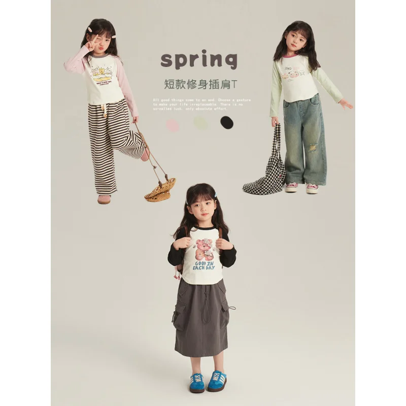 

Girls' Cartoon Raglan Long SleeveTT-shirt2024Children's Autumn New Color Contrast Bottoming Shirt All-Matching Short Slim Top