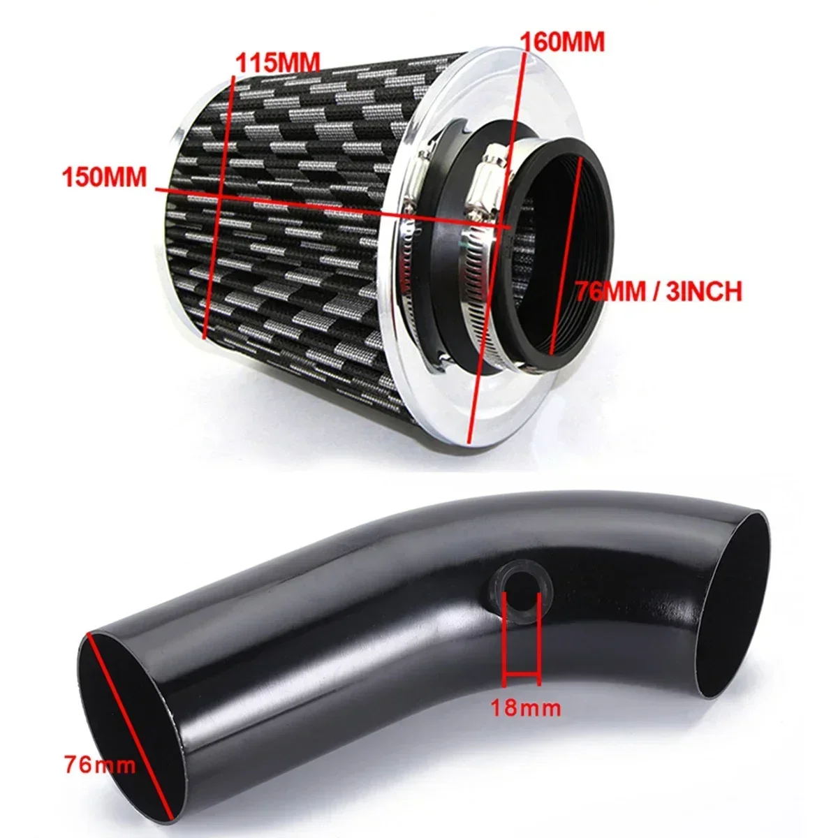 Universal 76mm 3\'\' High Flow Air Filter Intake Pipe Filter Car Modification Mushroom Head High Cold Air-Filter Aluminum Pipe Kit