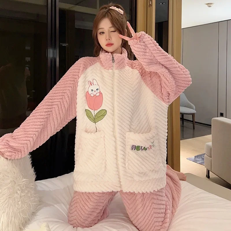 Plus Size Winter Warm Coral Fleece Pajamas Set Women Thickened Soft Plush Outwear Zip High Collar Trouser Suit Loose Homewear