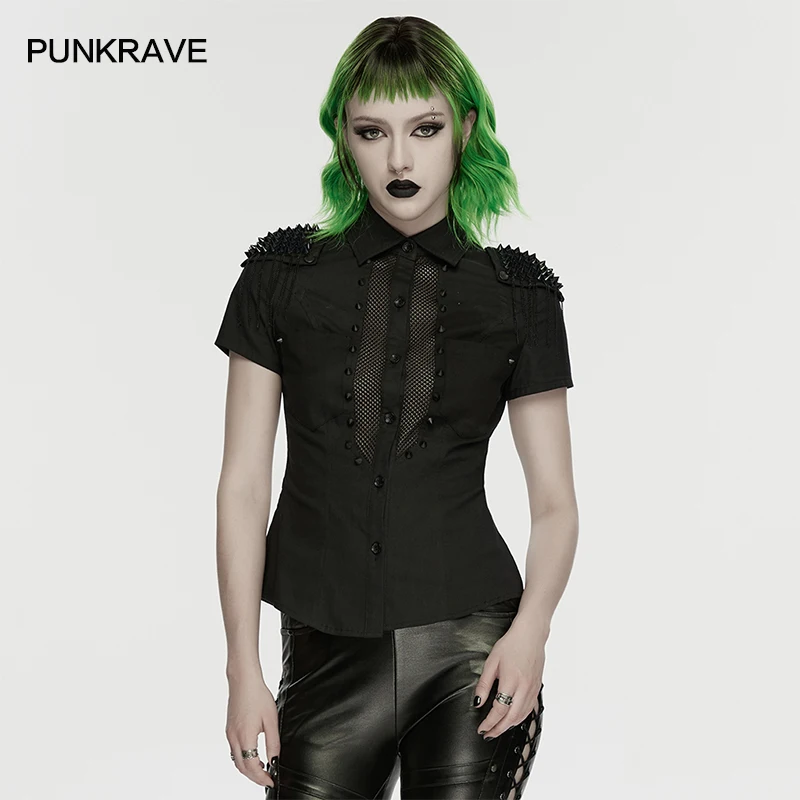 

Женская панк-рубашка PUNK RAVE из хлопка с сетчатыми вставками, съемными шипами и контурными накладками на плечах, черная, для клуба, женская одежда