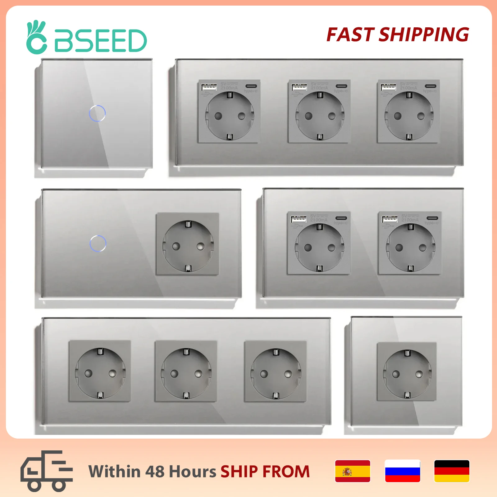 Bseed EU Standard 1/2/3Gang Light Touch Switches Home Wall Switches Gray Glass Sensor Switches Type-c USB Power Charge Sockets