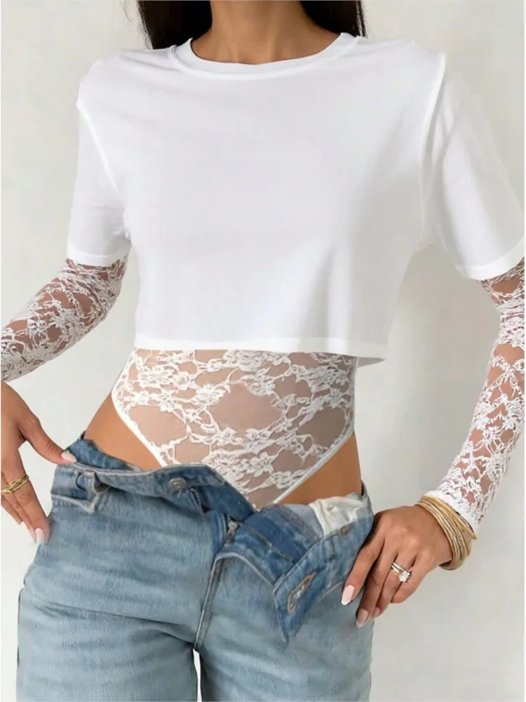 

2026 Lace Patchwork Jumpsuits For Woman Jumpsuit Bodysuits Hot Girl Bodysuit Sexy Long Sleeve Top Women's Clothes Show Out Waist