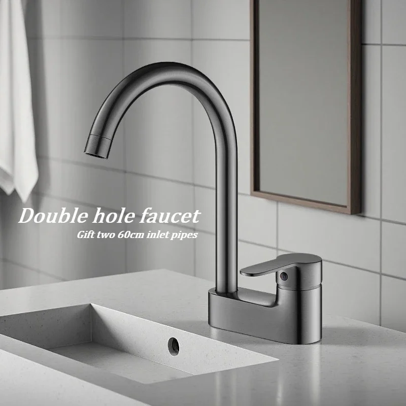 Brass Body Gray Bathroom Sink Faucet - 2-Hole Install Hot & Cold Water Mixer Tap for Home Washroom
