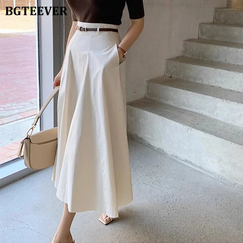 BGTEEVER Stylish High Waist Pockets A-line Skirts for Women Summer Elegant Loose Female Midi Skirts