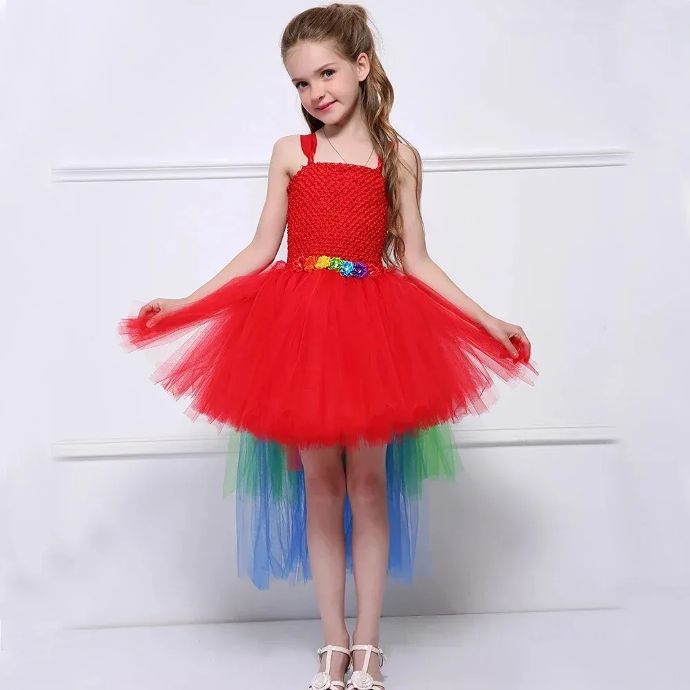 Theeper Rainbow Long Train Tulle Tutu Gown High Low Fluffy Mesh Princess Dress For Stage Festival Carnival Birthday Party Outfit