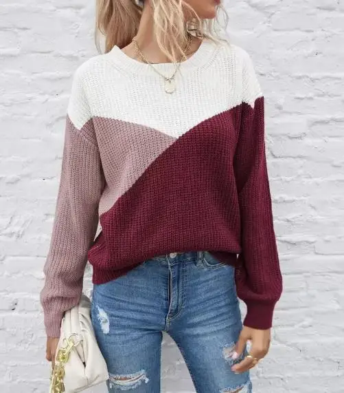 

Fashion Color Blocked Long Sleeved Knitted Sweater for Autumn Women, Simple and Casual Loose Round Neck Knitted Sweater