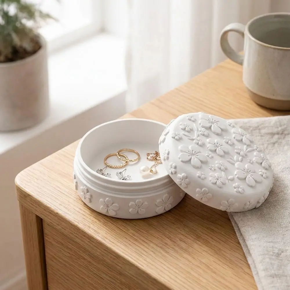 3D Printed Makeup Cotton Storage Box Embossed Cherry with Lid Jewelry Display Box Waterproof Round Sealed Cotton Pad Container