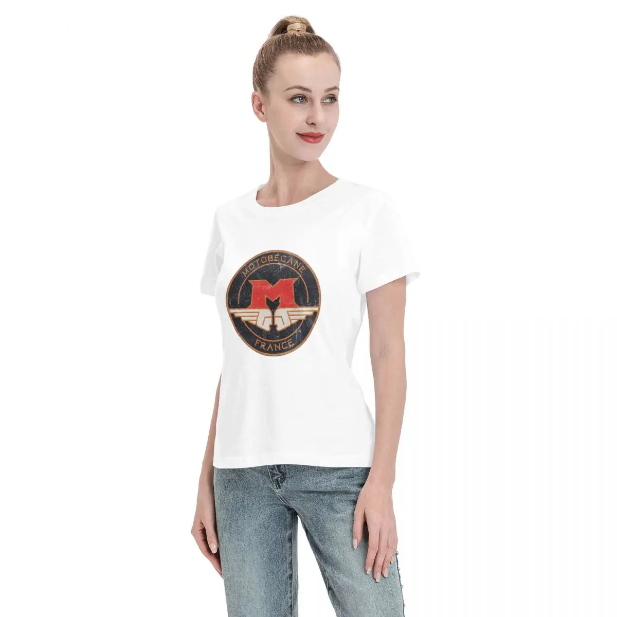 Camiseta feminina motobecane retro emblema verão manga curta camisetas o pescoço algodão t camisas roupas topos streetwear