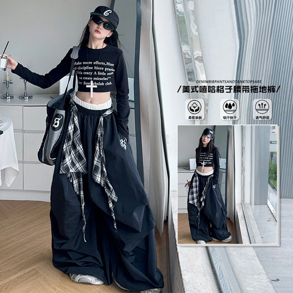 Teen Girls Clothes Set Spring Autumn Letter Short T-shirt+Plaid Silk Scarf Wide Leg Cargo Pants 2pcs Children Suits Kids Outfits