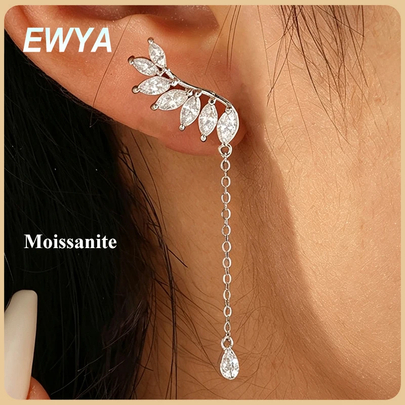 EWYA Marquise Cut Leaf Chain All Moissanite Dangle Drop Earrings S925 Sterling Silver Women Wedding Party Bridal Fine Jewelry