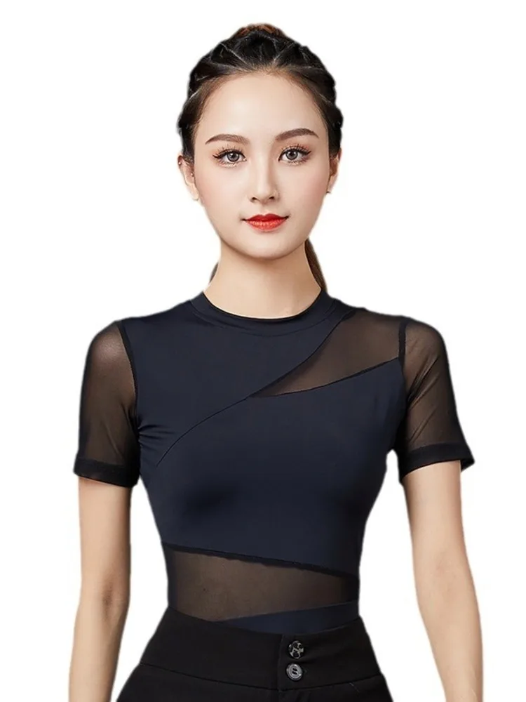 Ladies Dance Shirt Mesh Patchwork Slim Fit Clubwear Latin Cha Cha Performance Top Breathable Lightweight Stretch Material