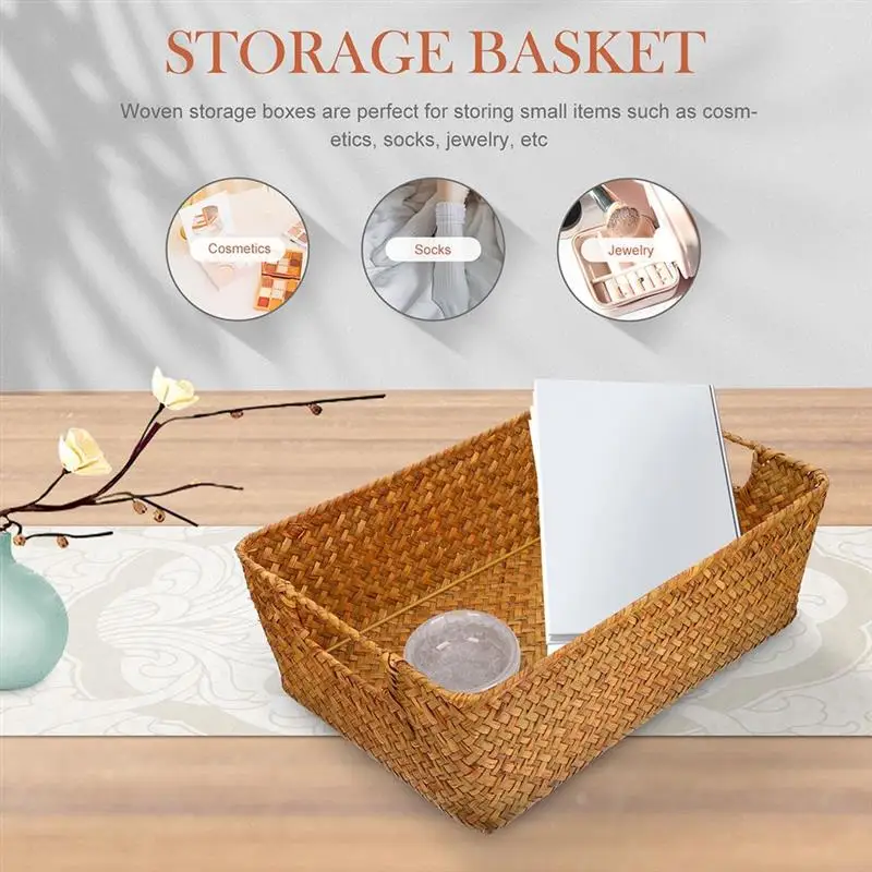 Straw Bread Basket Large Woven Laundry Storage Accessories Box Desktop Fruit Organizing Pantry Wicker Home Supply