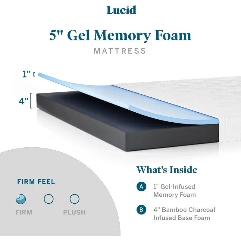 Lucid 5 Inch Firm Gel Memory Foam Mattress Twin XL — Gel Infusion—Hypoallergenic Bamboo Charcoal—Breathable Cover,White