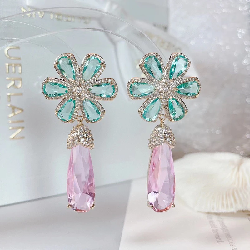 

SENYU Shiny Cubic Zirconia Flower Dangle Earring for Lady`s Charm Party Jewelry Gift Luxury Dubai Nigeria Girls Bridal Earring