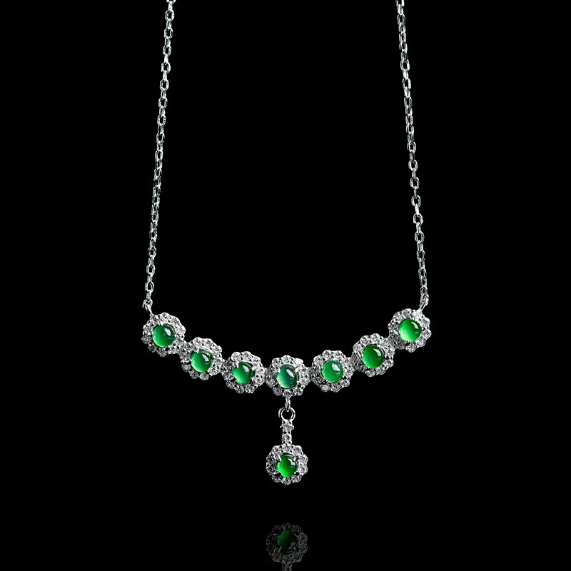 

Luxury Natural Type A Vivid Green Jadeite Cabochon Pendant Icy S925 Sterling Silver Prong Necklace Set Women Fashionable