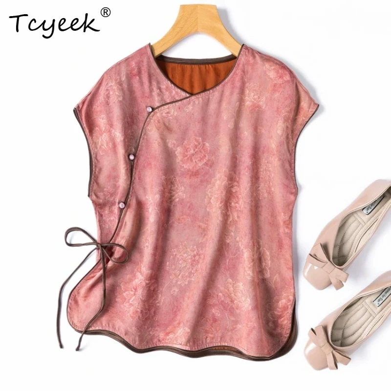 Tcyeek 100% Real Silk Women Shirts 2026 Summer Vintage Breathable New Chinese-style Lace-up Top Clothes for Ladies Tops De Mujer