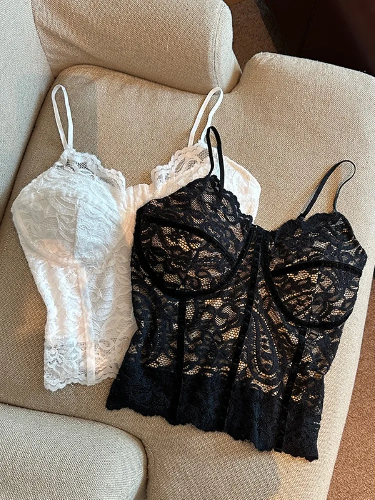 

Pure Desire Sexy Lace Strap Vest Women's Spring New Outerwear with Chest Pad Slim Fit Inner Match Base Top Korean Style Commu...