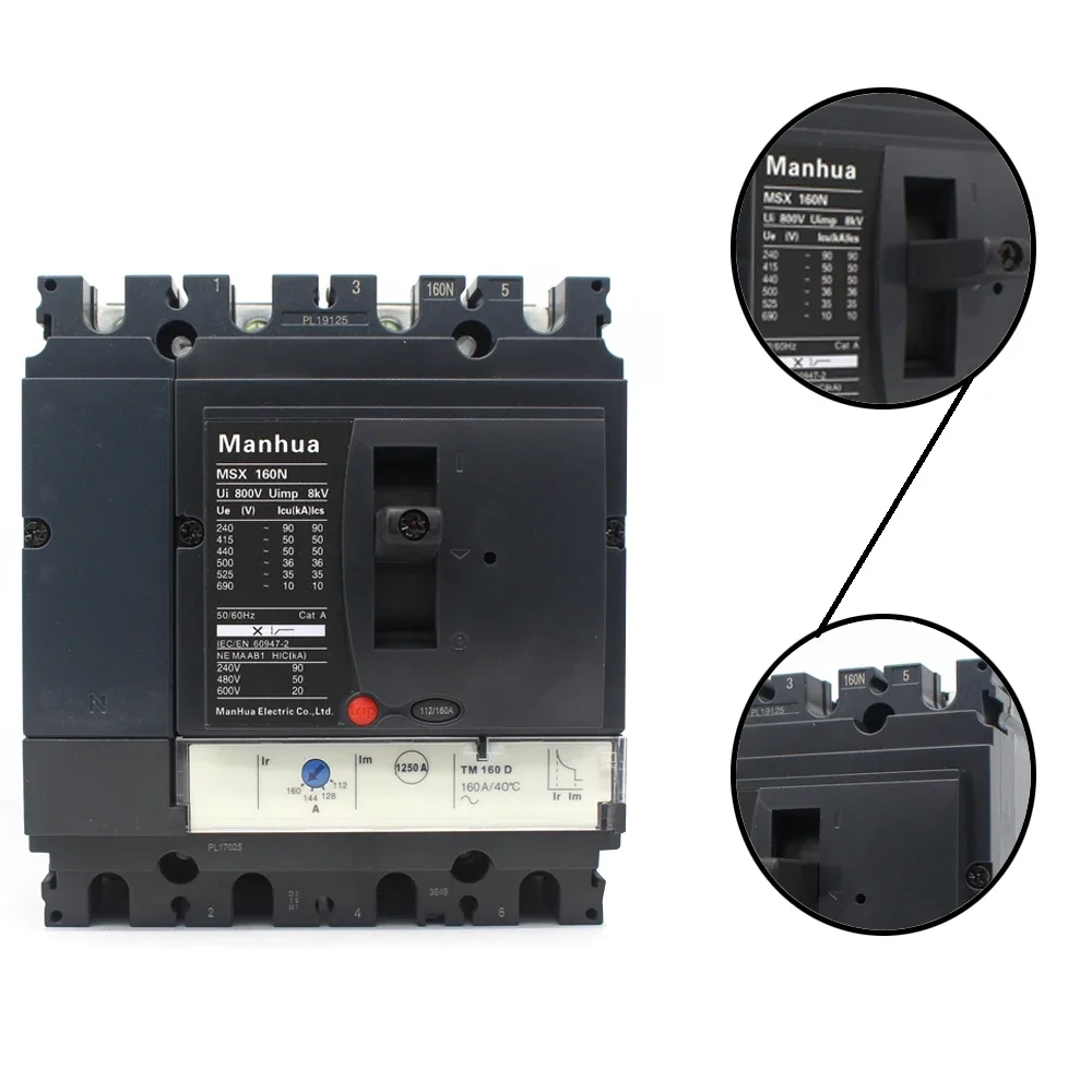 ManHua MCCB 3P 4P Breaking Capacity Adjustable 120A 160A MSX-160N Vigi Moulded Case Circuit Breaker