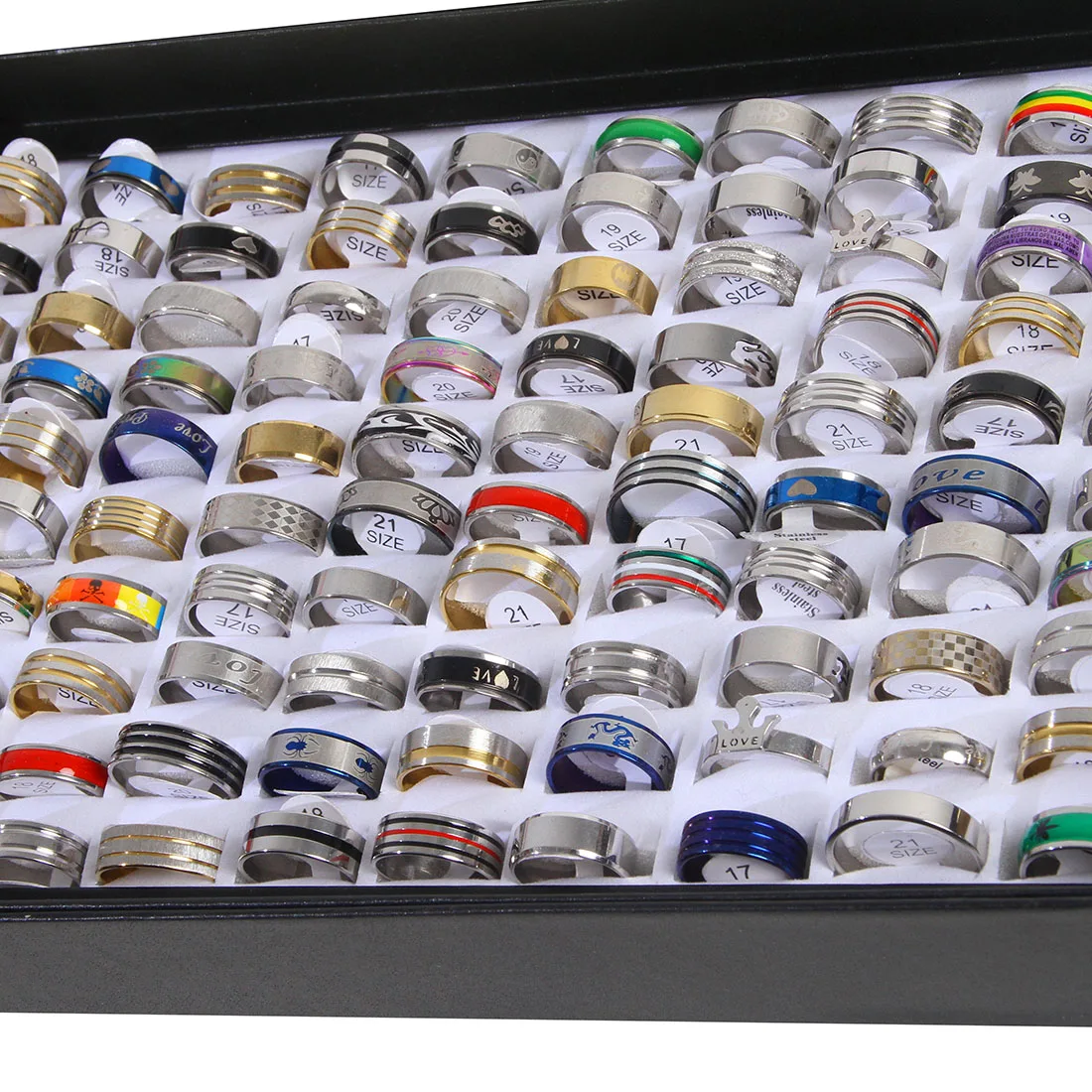 100 قطعة/صندوق خواتم مختلط الحجم للجنسين الرجال النساء خاتم موضة السائبة فنجر باند حلقة مساء حفلة الفولاذ المقاوم للصدأ مجوهرات فاخرة