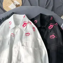 Kiss – chemise à manches longues pour homme, vêtement Vintage à revers, blanc, décontracté, Harajuku