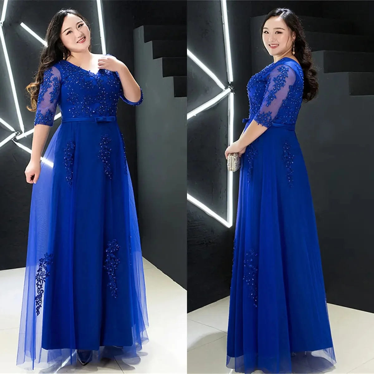 

Evening Dress Royal Blue Beading Lace V-Neck Robe De Soiree Half Sleeves A-line Floor Length Plus size Women Party Formal Gown