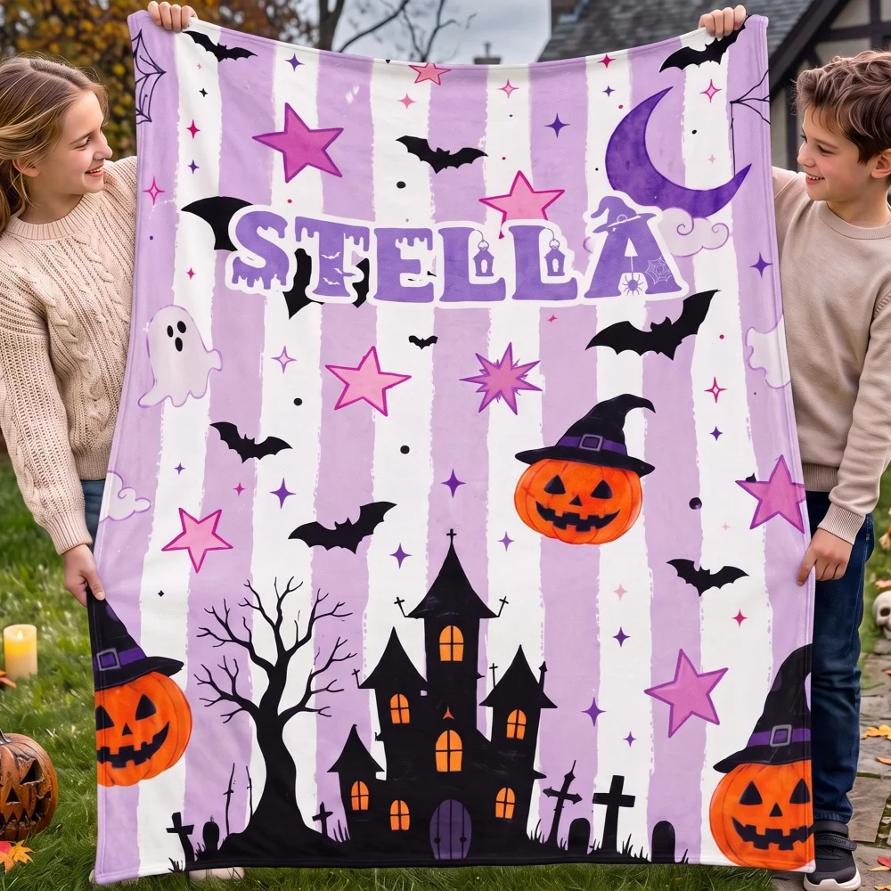 Personalized Custom Name Throw Blanket Flannel Fleece Blanket Halloween Castle Pumpkin Ghost Bat Print Soft Warm Holiday Gift