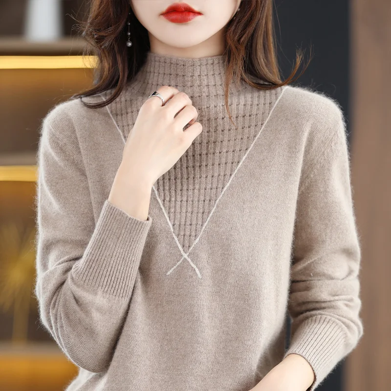 Autumn and Winter New Cashmere Sweater Women's 100 Wool Half High Neck Solid Color Soft Sticky Versatile Base Knitted Sweater