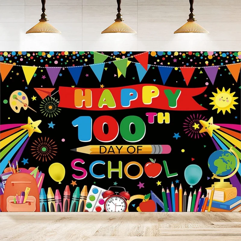 Photography Backdrop Happy 100th Days Of School Background Kids Students Kindergarten Party Backdrop Wall Banner Decor Poster