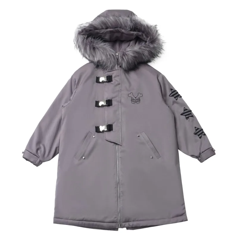 Parka à capuche à boutonnage simple pour femme, vêtements gris, moyen long, étoile, autocollant, strucmince, japonais, haut de gamme, vêtements d'hiver