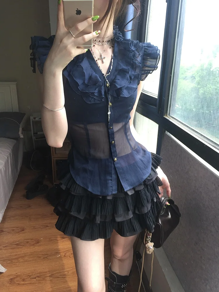 

XZY Stylish plus Size Summer Outfit with Wood Grain Black Puffy Skirt And Sleeveless Top Women's Fashion Ensemble