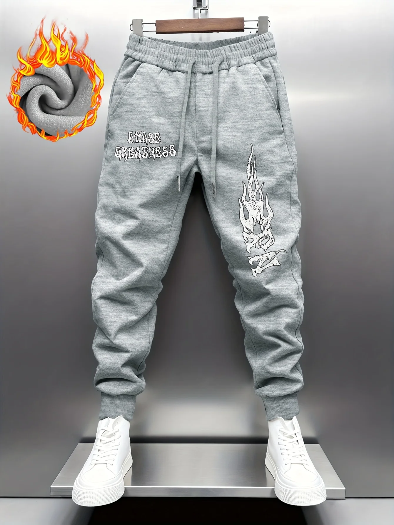 Distressed flame mask chase greatness slogan fleece sweatpants for men hip hop sports street jogger trousers