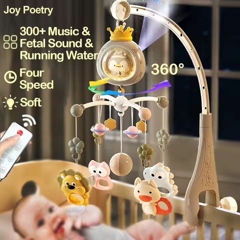 360° Penguin Musical Projection Baby Crib Mobile Rotating Soft Light Bed Bell Toy Four Speed Timming Infant Rattle Bedside Gift