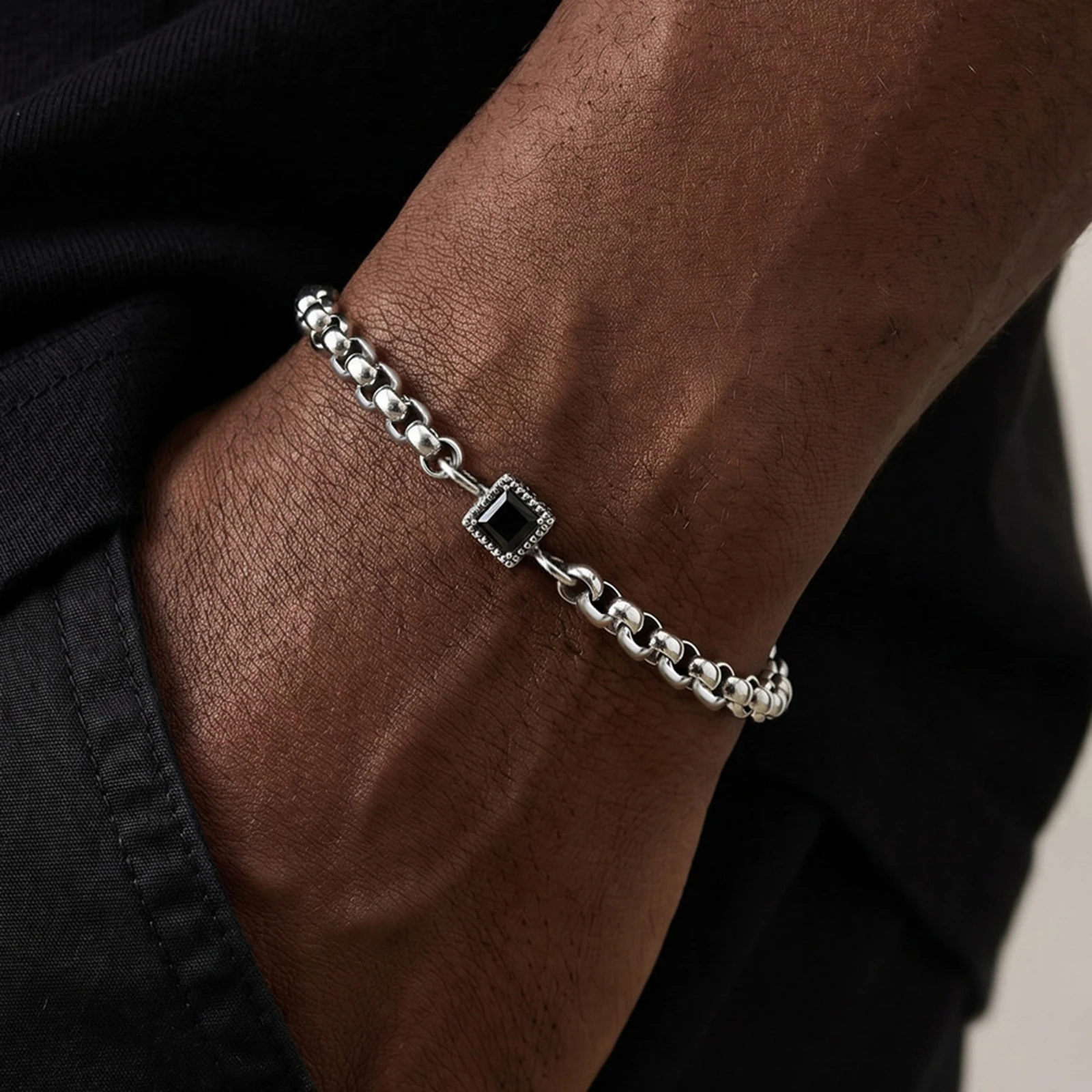 Vnox Men's Square Black Blue Zircon Box Chain Bracelet, Stainless Steel Adjustable 18-23cm Link Wristband, Fashion Jewelry Gift view 6