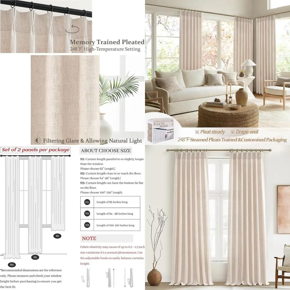 

Льняные плиссированные шторы, 100–103 для больших окон, светофильтрация, струящиеся прозрачные, песочно-бежевый, 40x102