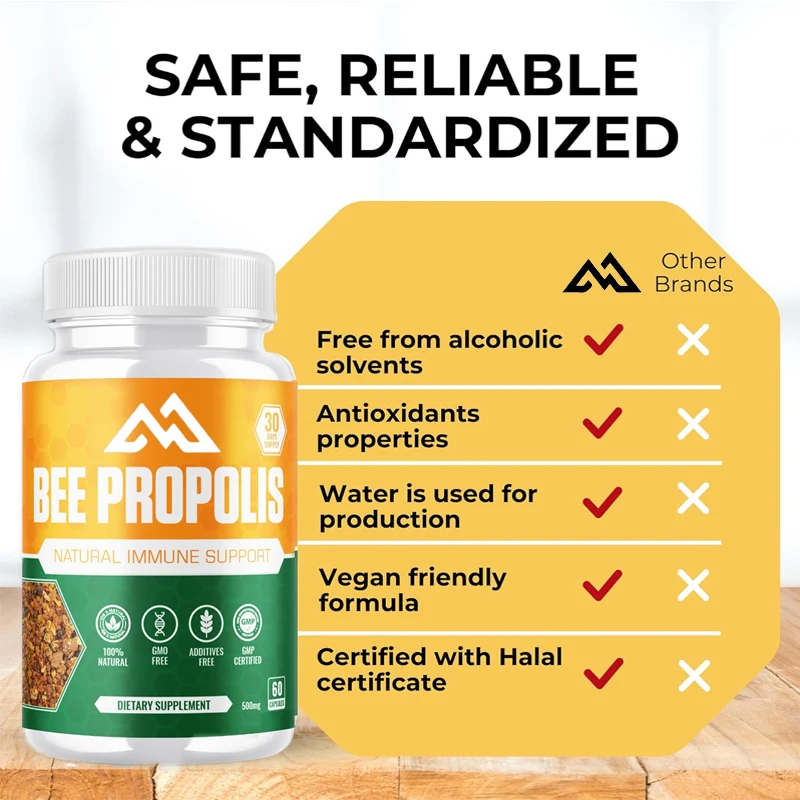 Propolis Extract Capsules, Natural Immune Enhancer, Non GMO Gluten Free 500mg, 60 Vegetarian Capsules, Contains Bean Powder