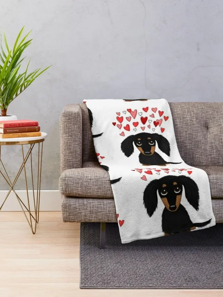 Black and Tan Longhaired Dachshund with Hearts Throw Blanket Furrys Weighted Blankets