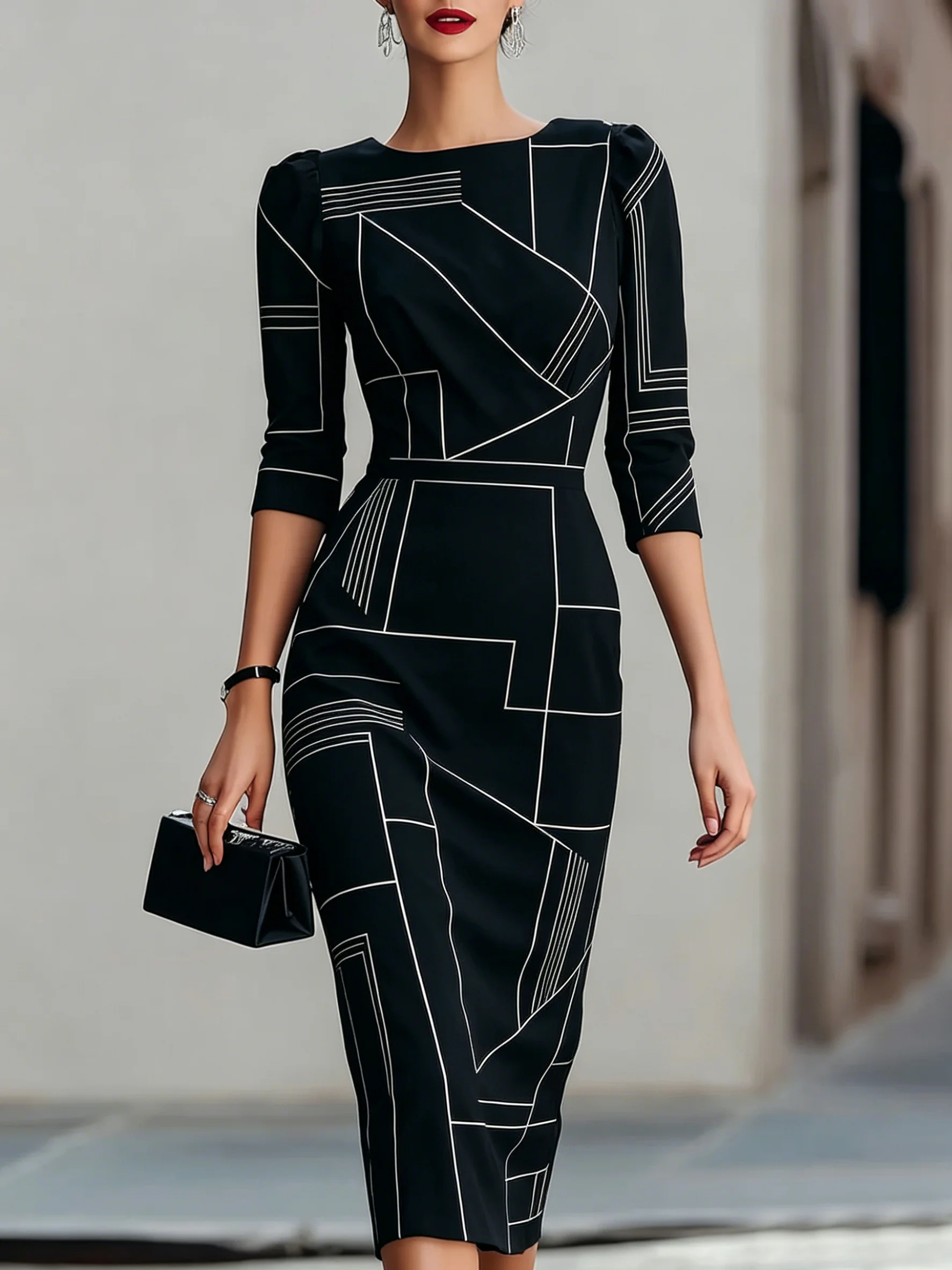 

Women's Minimalist Print Black Midi Bodycon Dress. Round Neck Three Quarter Sleeve Slim Pencil Dress. Formal Gala Daily Wear