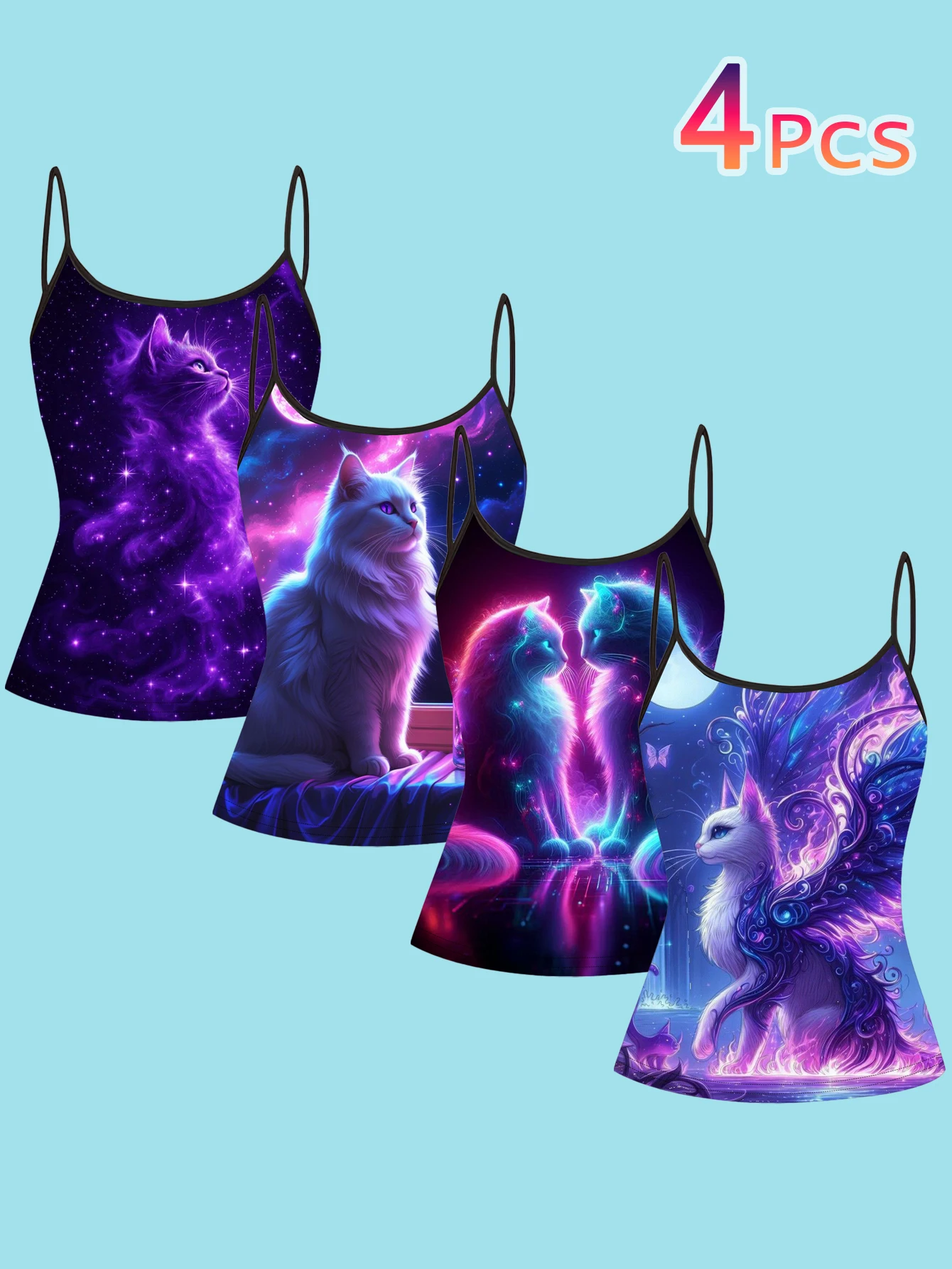4-Piece Set of Women's Dreamy Starry Sky Long-Haired Cat Print Spaghetti Strap Camisole Slim-Fit Inner Layering Top