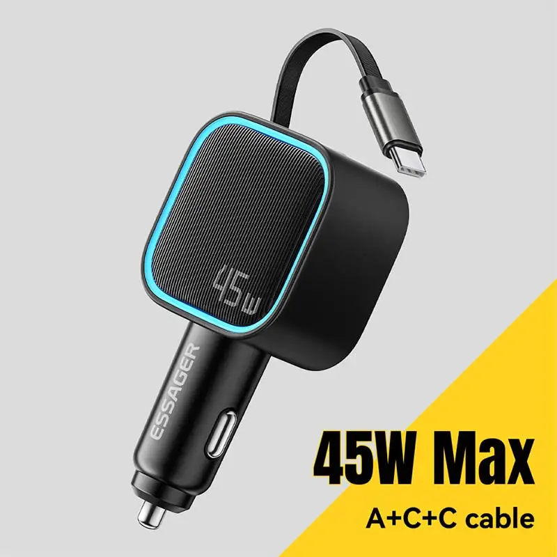 

Автомобильное зарядное устройство 45 Вт с выдвижным кабелем, 2 порта USB-C и USB-A, многопортовое быстрое зарядное устройство для зарядки мобильных телефонов в автомобиле