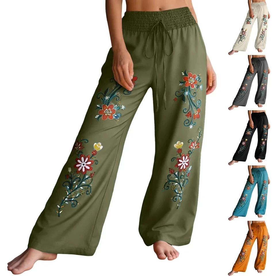 Summer Wide Leg Pants For Women Boho Floral Print Palazzo Pants High Waist Boho Flowy Trousers Beach Vacation Pants S-5XL
