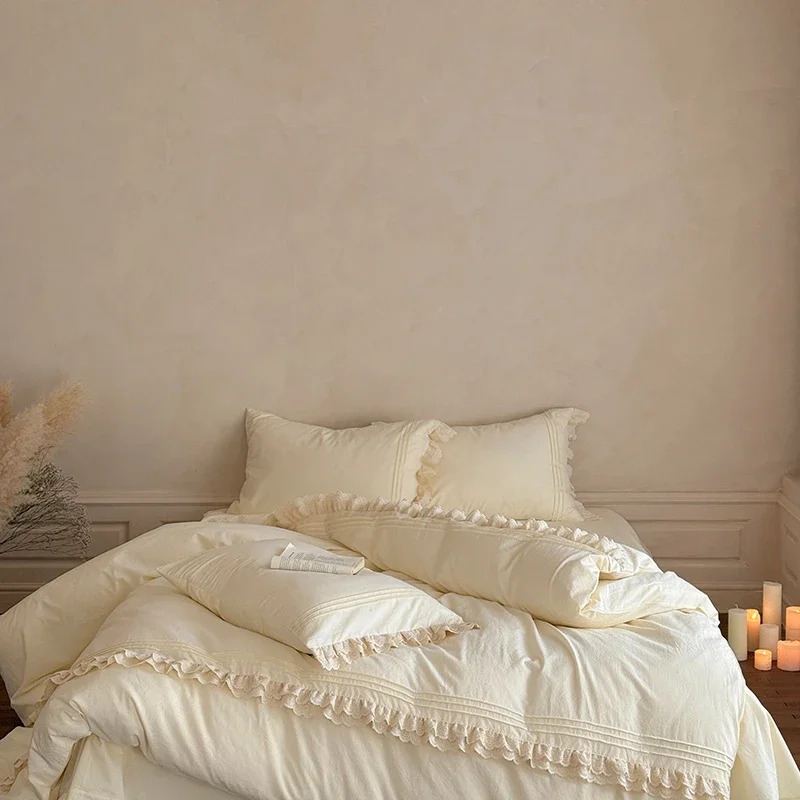 100%Washed Cotton Soft Cream-Colored Bedding Set French Chic Ruffle Girls Duvet Cover Bed Sheet Pillowcases Queen King 4pcs