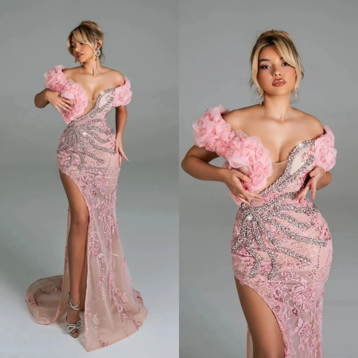 

Romantic Crystal Evening Dresses Off Shoulder Prom Dress Appliques Ruffle Side Split Mermaid Party Gowns Vestidos De Noche