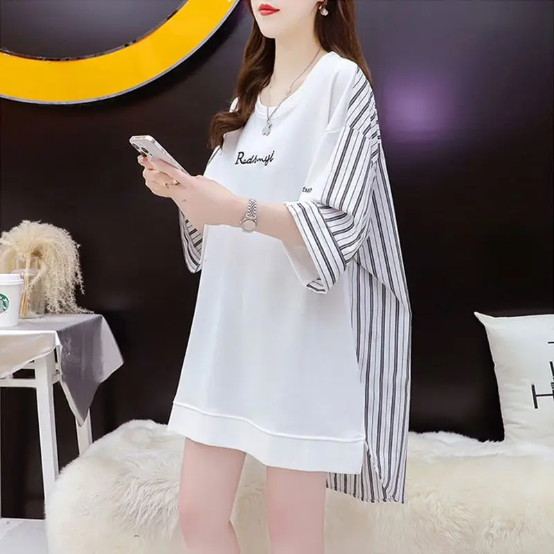 Fashion Printed Spliced Striped Asymmetrical T-Shirts Female Clothing 2024 Spring New Oversized Korean Tops Casual Tee Shirt