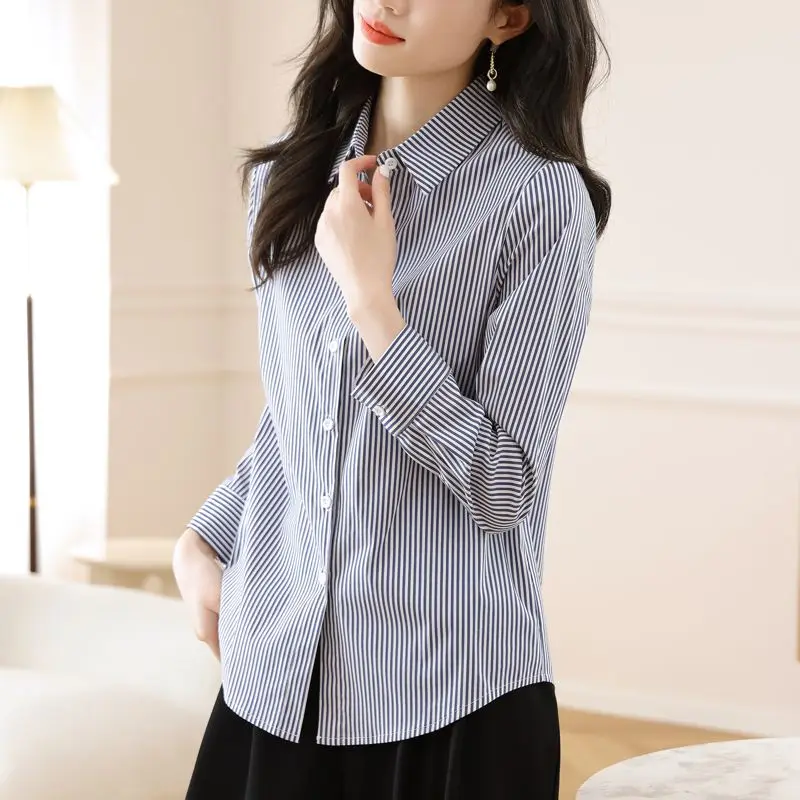 

2025 New Girl Top Fashionable Temperament Slim Fit Long Sleeve Striped Blouse for Women Office Casual Commute OL Style