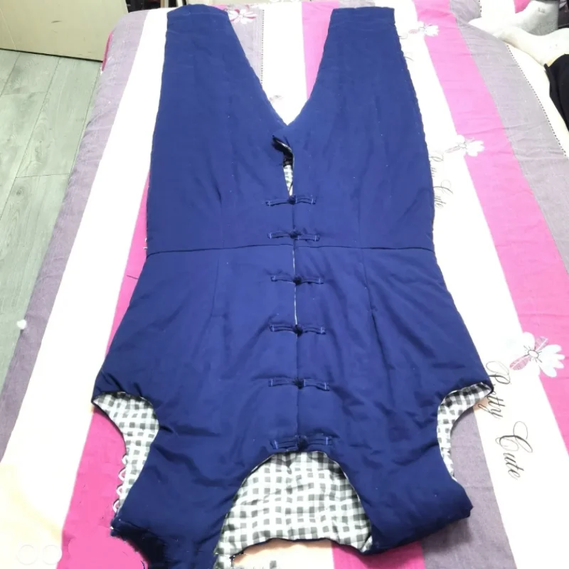 Adult Filled Cotton Puffy Warm Rompers ABDL Open Crotch Cotton Pants Handmade Chinese Buttons Knot Vest Jumpsuit Nursing Pants﻿