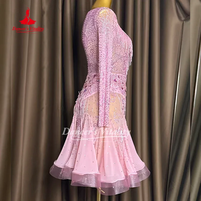 Latin Dance Long Sleeved Dresses for Women's Customized AB Stones Fringe Dress Children Tango Chacha Samba Competition Clothing