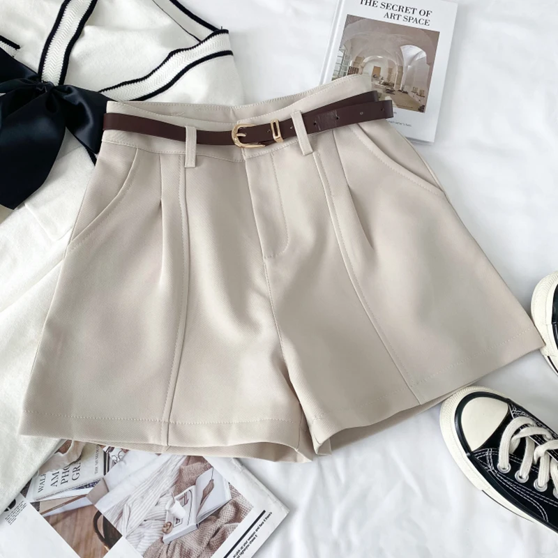 HELIAR Women Chic Slim Suit Shorts With Belted Casual High Waist A-line Office Shorts Female Straight Zipper Pocket Shorts