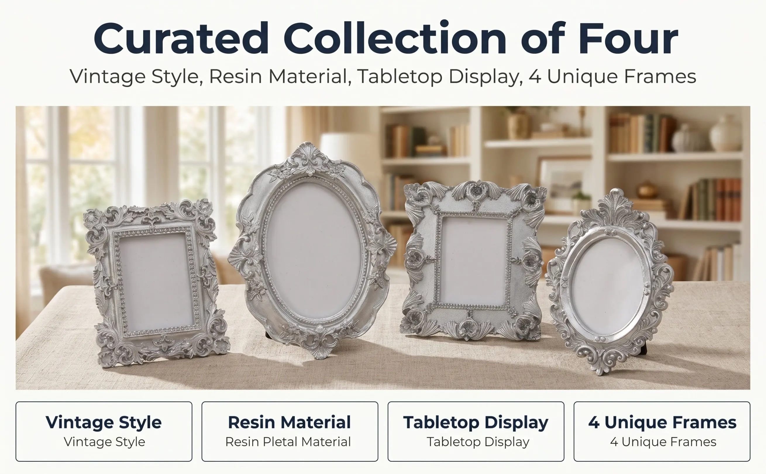 4pcs Small Vintage Resin Photo Frames Baroque Style Mini Picture Frames for Photobooth Props Tabletop Decor