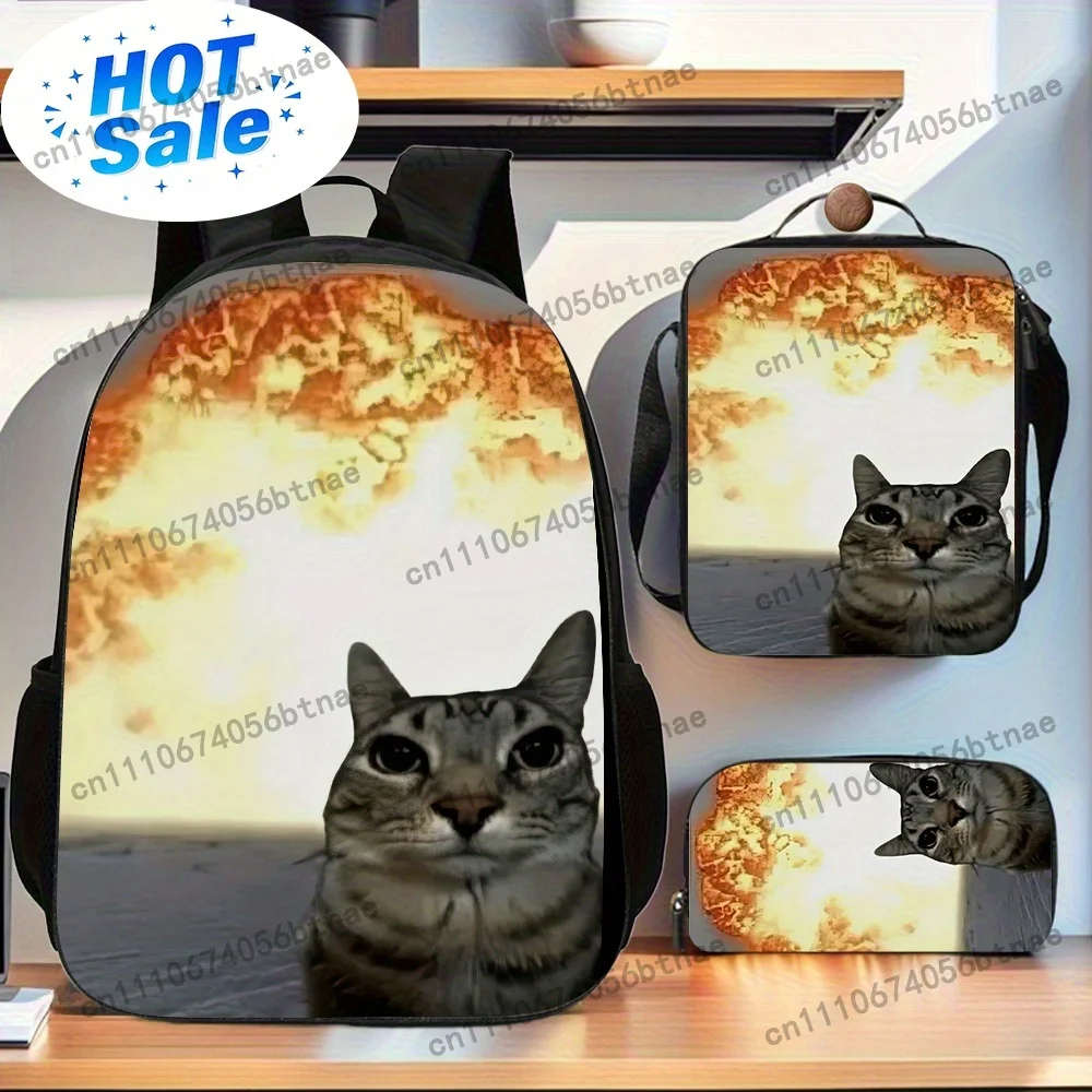 Cat Meme 3pcs Cartoon Pattern Backpack Set, Lightweight & Foldable with Adjustable Straps, Includes Large Capacity Casual Double
