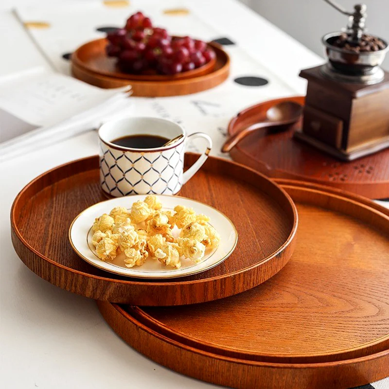 Tea Tray Round Wooden Serving Tray Large Snack Fruit Plate Food Serving Platter Breakfast Coffee Tea Plate Wood Dishes Tableware